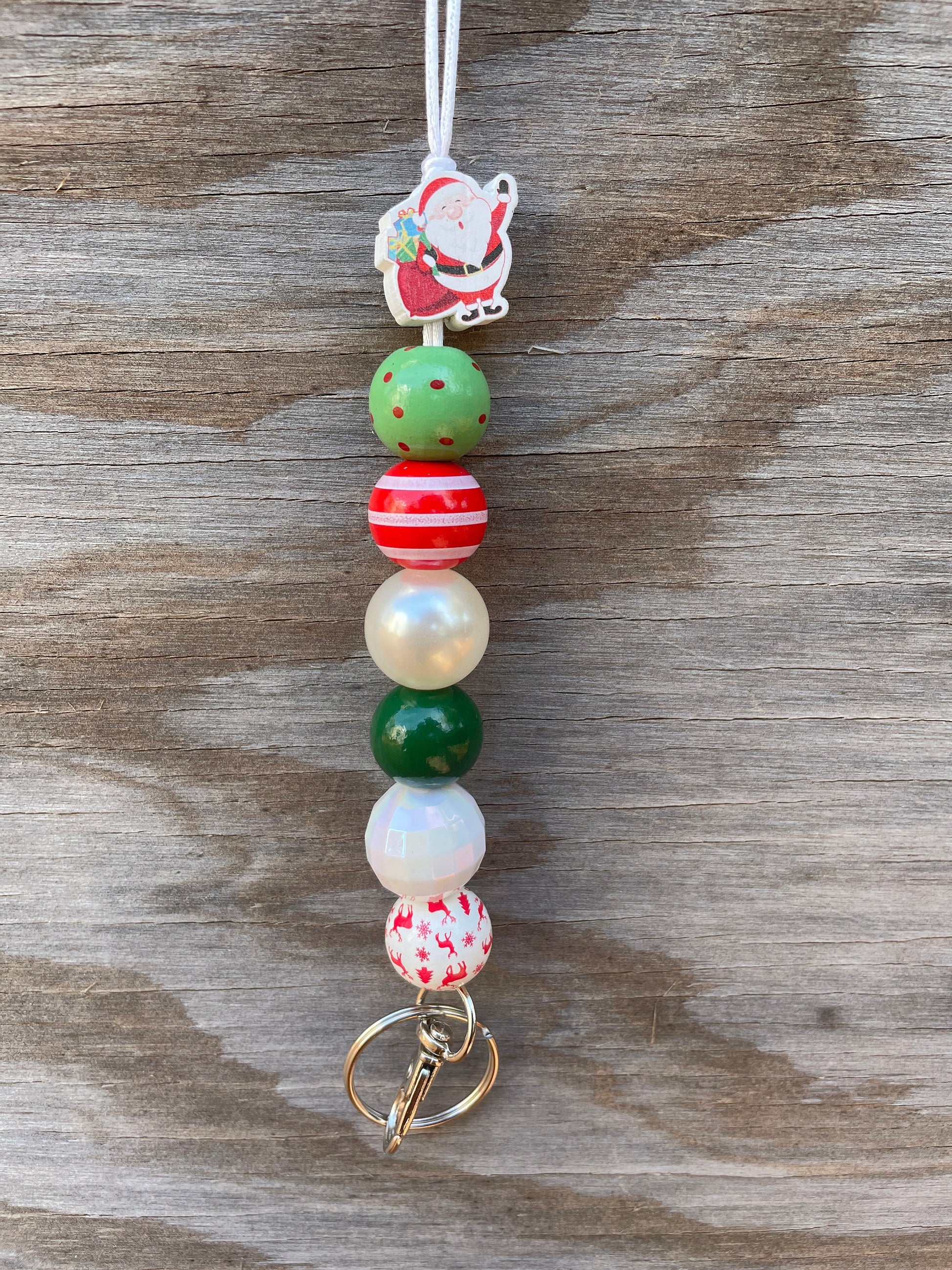 Stylish Teacher Lanyard: Festive Wooden Beads Santa