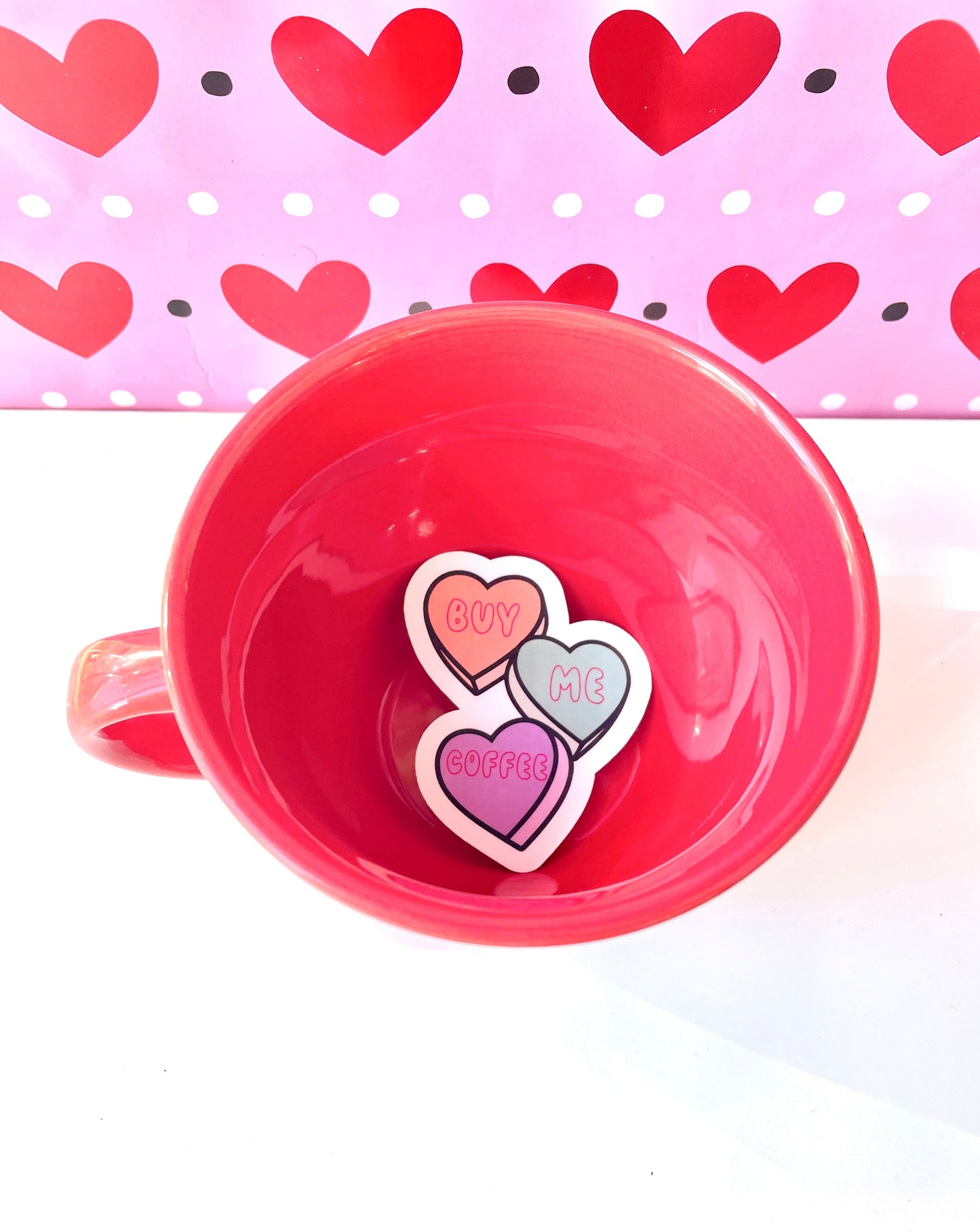 Vinyl sticker featuring hilarious Valentine candy saying 'Buy Me Coffee' for teachers with a sense of humor- coffee cup