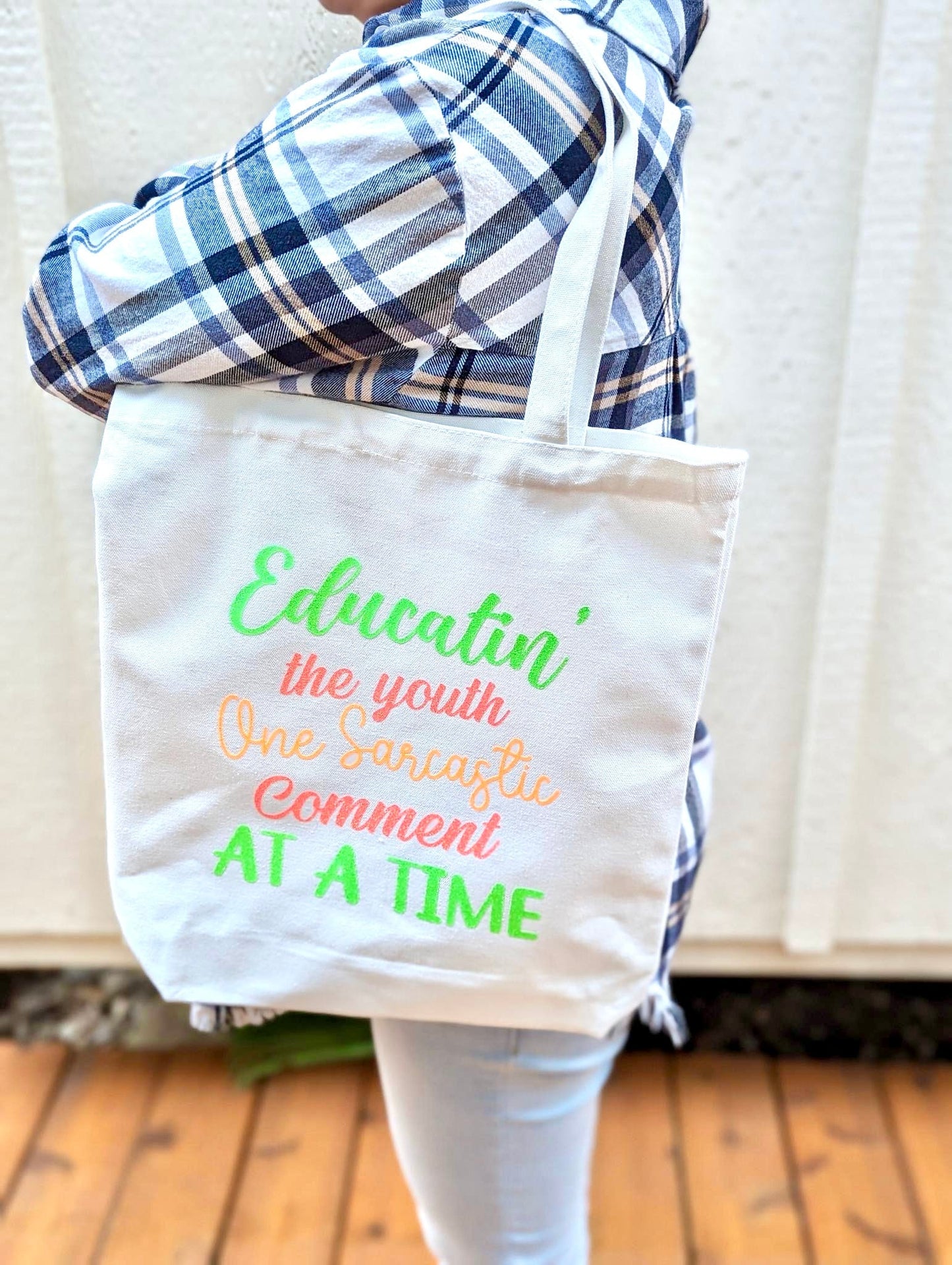 Sarcastic Comments from Funny Teachers Canvas Tote Bag- On Shoulder
